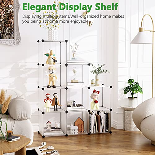 C&AHOME Cube Storage Organizer, 9-Cube Bookcase, Closet Cabinet White | DIY Stackable Bookshelf, Plastic Modular Shelving Units Ideal for Home, Office, Kids Room, 36.6" L x 12.4" W x 48.4" H - color: Transparent White