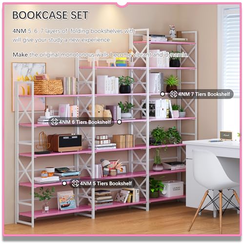 4NM 6 Tiers No Assembly Book Shelves, 61.8" H Folding Bookshelf Bookcase Open Industrial Foldable Shelves for Bedroom, Living Room, Home Office - Pink White - color: Pink White, size: XX 6-Tier
