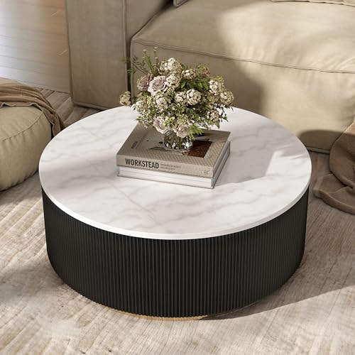 Furniture of America Beryl Modern Round White Genuine Marble Top Coffee Table with Fluted Pedestal Base and Gold Stainless Steel Accent, Low Profile Table for Living Room, Home Office, Black - size: Coffee table, style: Round