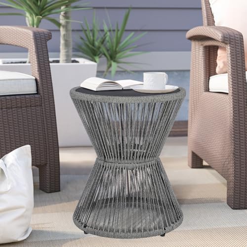 SUNNYPARK Small Outdoor Side End Table Modern Hourglass Style 20" H | Tempered Glass Top, Hand-Woven Rope, Easy Assembly, All Weather, Round Accent Table for Coffee Patio Balcony Poolside - color: Grey