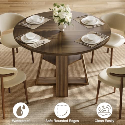 47.2" Round Dining Table for 4-6, Circle Kitchen Table with Open Storage Shelf, Farmhouse Dinner Table with Cross Pedestal Base for Dining Room, Kitchen, Living Room, Walnut - color: Walnut