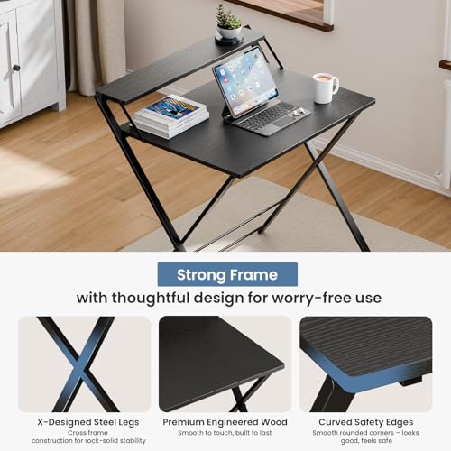 DUMOS Folding Desk with Shelf, No Assembly Computer Desk, Small Space Ink | Foldable Desk with Shelf Saves Space for Bedroom, Office and Dorm Use - color: Ink