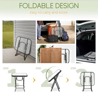Folding Outdoor Side Table -Patio End Bistro Tables Portable Small 17.5" Square Tempered Glass Top Waterproof Dining Coffee Metal Black - color: Transparent-square