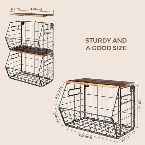 Delamu Stackable Metal Fruit Basket with Wood Lid 3 Pack, Hanging Wall Organizer for Kitchen Counter, Pantry Storage for Onions, Potatoes, Garli, Fruits, Spices, Black - size: 3 Pack
