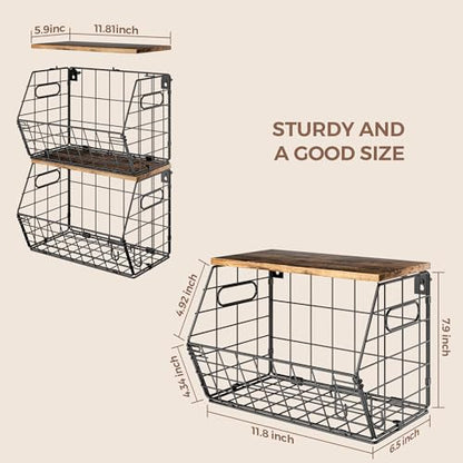 Delamu Stackable Metal Fruit Basket with Wood Lid 3 Pack, Hanging Wall Organizer for Kitchen Counter, Pantry Storage for Onions, Potatoes, Garli, Fruits, Spices, Black - size: 3 Pack