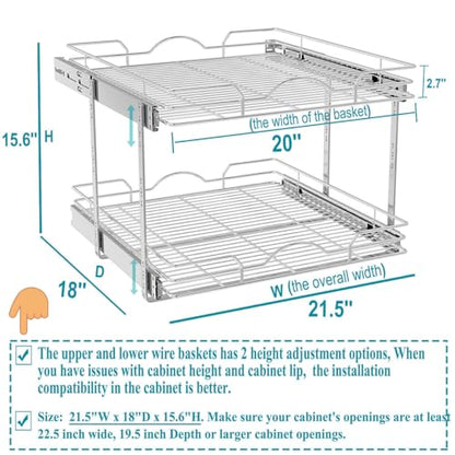 OCG 2 Tier Pull Out Cabinet Organizer (21.5" W x 18" D), Pull Out Shelves for Kitchen Cabinets, Slide Out Pantry Shelves for Base Cabinet Organization in Kitchen Bathroom Pantry, Chrome Finish - size: 21.5"W x 18"D, 2 Tier