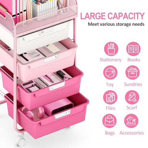 SYKIARIOL 4-Drawer Rolling Storage Cart with Mesh Top, Utility Craft Organizer Cart on Wheels with DIY Labels, Rolling Drawer Cart for Home Office Classroom Bedroom, Rose Pink - color: Pink