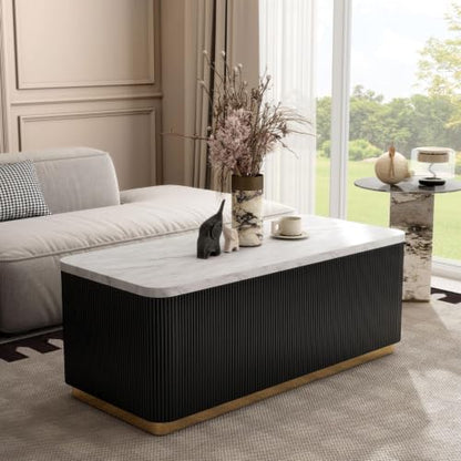 Furniture of America Beryl Modern Rectangle White Genuine Marble Top Coffee Table with Fluted Pedestal Base and Gold Stainless Steel Accent, Low Profile Table for Living Room, Home Office, Black - size: Coffee table, style: Rectangle