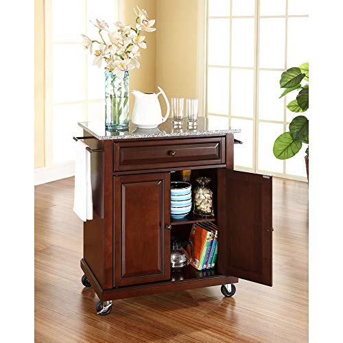 Crosley Furniture Compact Granite Top Small Rolling Cart with Shelves, Microwave Stand with Towel Rack, Black - color: Black, style: Gray Granite Top