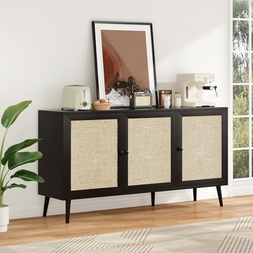 Farini Side Buffet Cabinet with Rattan Doors,Kitchen Sideboard Coffee Bar Storage Console Table,Black,59.1 inch - color: Black, size: 59.1 inch-Standard