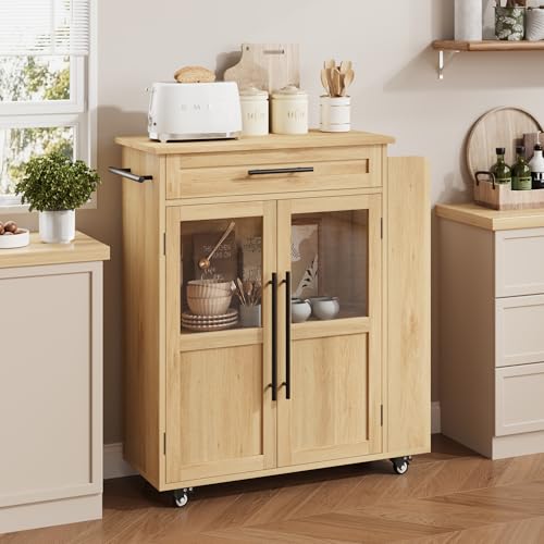 IDEALHOUSE Kitchen Island Cart with Storage, 24" Mobile Rolling Island with Glass Cabinet Doors & Spice Rack for Dining Room & Kitchen, Natural - color: Natural Oak, size: 23.6"