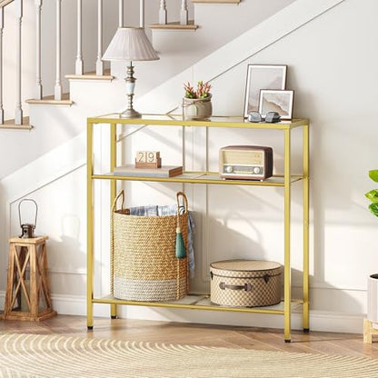 HOOBRO 29.5" Narrow Console Table, 3-Tier Tempered Glass Sofa Table, Modern Entryway Table, for Entrance, Living Room, Foyer, Hallway Bedroom, Gold GD21XG01G1 - color: Gold