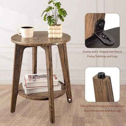 Round End Table 2 Tier Wooden Side Tables with Storage Shelf Modern Nightstand Bedside Table for Small Spaces, Living Room, Bedroom Light Brown - color: Light Brown