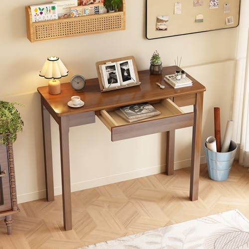 Solid Wooden Desk with Drawers - 36 x 16 Inch Narrow Desks for Small Spaces, Rubberwood Mid Century Modern Desks, Simple Vintage Study Table, Small Writing Desk for Bedroom - Walnut Color - color: Walnut, size: 35.4 in W x 15.7 in D