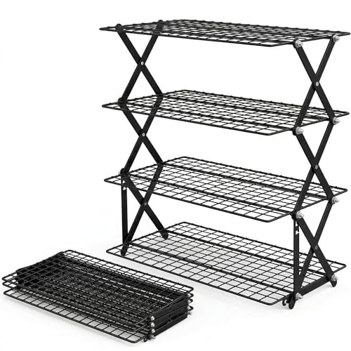4-Tier Collapsible Cooling Rack for Baking | Adjustable Stackable Wire Rack for Cookies, Cakes & Roasting | Space-Saving Foldable Design for Small Kitchens & Camping (Black) - color: Black