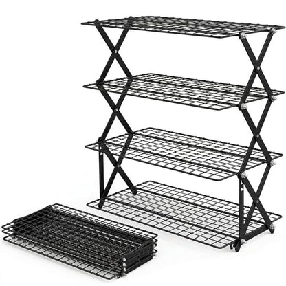4-Tier Collapsible Cooling Rack for Baking | Adjustable Stackable Wire Rack for Cookies, Cakes & Roasting | Space-Saving Foldable Design for Small Kitchens & Camping (Black) - color: Black
