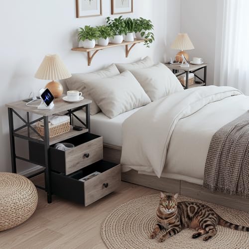 AMHANCIBLE Nightstands Set of 2, Large Night Stand with Charging Station | Bedside Table with 2 Fabric Drawers, End Side Tables Living Room, with Open Shelf, USB Ports Outlets, for Bedroom, Grey - color: Greige Black