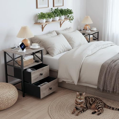 AMHANCIBLE Nightstands Set of 2, Large Night Stand with Charging Station | Bedside Table with 2 Fabric Drawers, End Side Tables Living Room, with Open Shelf, USB Ports Outlets, for Bedroom, Grey - color: Greige Black