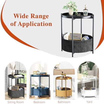 Garden 4 you Side Table with Fabric Storage Basket, Round Metal End Table, Small Bedside Table Nightstand with Removable Tray, for Nursery, Living Room, Bedroom, Bathroom, Black - color: Black