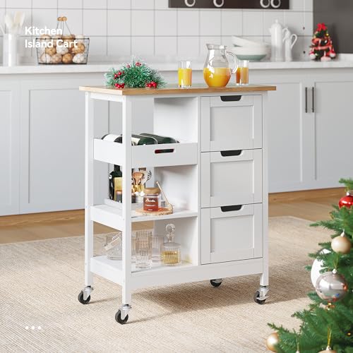YITAHOME Small Solid Wood Top Kitchen Island Cart on Wheels with Storage, Rolling Portable Dining Room Serving Utility Carts Mobile Movable with 3 Drawers Cabinet, Oak & White - style: 26.7"W White