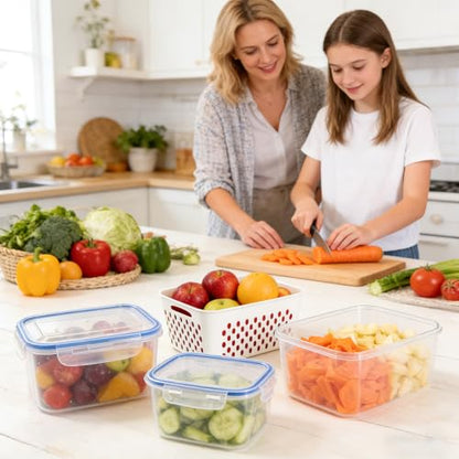 4 in 1 Food Storage Containers for Fridge, Produce Keeper with Removable Colander & Drain Basket, Airtight Leakproof Fruit Vegetable Storage Containers Transparent Kitchen Organizer (3PC S+M+L)