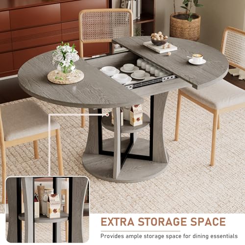 Extendable Round Dining Table for 4-6-8, 43.3-59in Expandable Kitchen Table with Storage Shelf, Space Saving Circle Oval Dining Table with Leaf for Kitchen, Dining Room, Gray - color: Grey