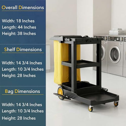 44” x 18” x 38” Black 3-Shelf Janitorial Cart Kit - Commercial Housekeeping Cart with Yellow Bag, Black Zippered Bag, Lid, Folding Handle for Hotels, Offices, Schools - 175 lb Capacity - size: Small (Black)