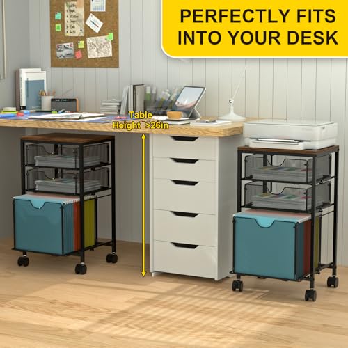 BOHDK Rolling File Cart with 3 Storage Drawers, Wood & Mesh Hanging File Folder Organizer with Wheels Under Desk, File Cabinets for Home Office, 11.81" D x 14.8" W x 25.39" H, Black - color: Rustic Brown & Black