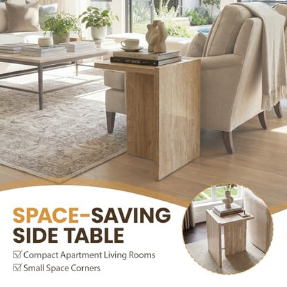 Hyfirm Modern Faux Travertine Side Table Small T-Shaped End Table | Space-Saving Accent Table with Travertine Finish Nightstand for Use Beside Sofa in Living Room Bedroom Apartments and Office - color: Beige