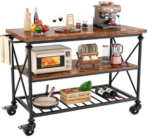 Homieasy Kitchen Island Cart with Wheels, 3-Tier Wood and Metal Rolling Kitchen Island Table with Pipe Legs, Storage Shelves & Lockable Casters for Kitchen Dining Room, Rustic Brown - color: Rustic Brown
