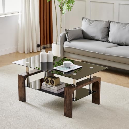 Living Room Rectangle Coffee Table, Tea Table Suitable for Waiting Room, Modern Side Coffee Table with Wooden Leg, Glass Tabletop with Lower Shelf.(Black Brown) - color: Black Brown