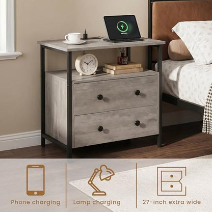 Edbuosy 27 inch Wide Night Stand with Charging Station, Bedside Table with Open Shelf, 2 Drawers Small Wood Dresser, Modern Wood Nightstand for Bedroom/Living Room, Rustic Gray - color: Rustic Gray, size: 27"W-2 Drawers