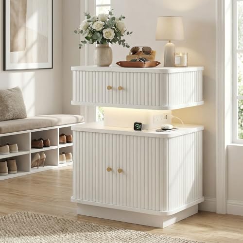 Night Stand, LED Nightstand, Modern Nightstand with Charging Station, Night Stand with 2 Drawers and Sliding Door, Curvy Edge, Small Bedside Table for Bedroom, White - color: White