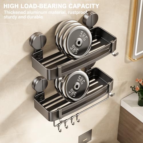 VOLPONE Shower Caddy Suction Cup, 2 Pack Corner Shower Shelves No Drilling, Showers Organizer Storage with Towel Bar & Removable Hooks, Bathroom Shower Shelf Rack for Inside Showers