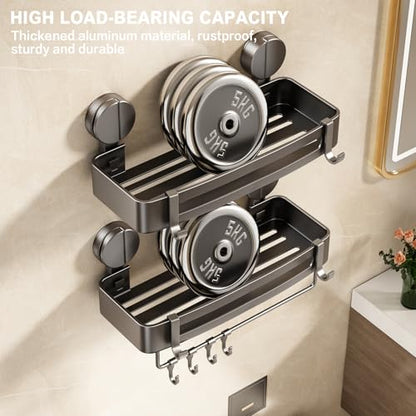 VOLPONE Shower Caddy Suction Cup, 2 Pack Corner Shower Shelves No Drilling, Showers Organizer Storage with Towel Bar & Removable Hooks, Bathroom Shower Shelf Rack for Inside Showers