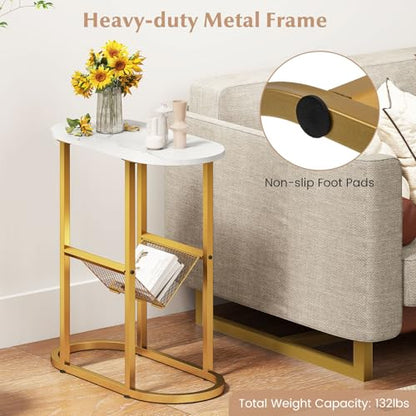 Giantex Oval Narrow Side Table, Set of 2 Small End Table with Magazine Rack Sling Holder Pouch, Modern Slim Nightstand, Bedside Tables for Living Room Bedroom Couch Small Spaces, White & Gold - color: White & Gold