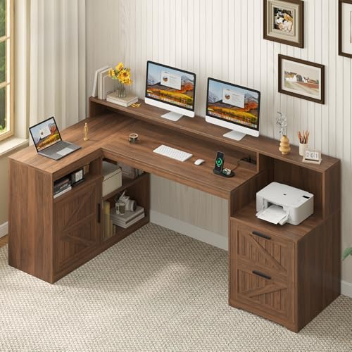 TVU Farmhouse L Shaped Desk with Drawers, 62.2" Home Office Desk with Storage Shelves and Power Outlet, L Shaped Computer Desk with Monitor Stand and Printer Shelf, Brown - color: Brown