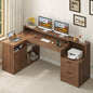 TVU Farmhouse L Shaped Desk with Drawers, 62.2" Home Office Desk with Storage Shelves and Power Outlet, L Shaped Computer Desk with Monitor Stand and Printer Shelf, Brown - color: Brown
