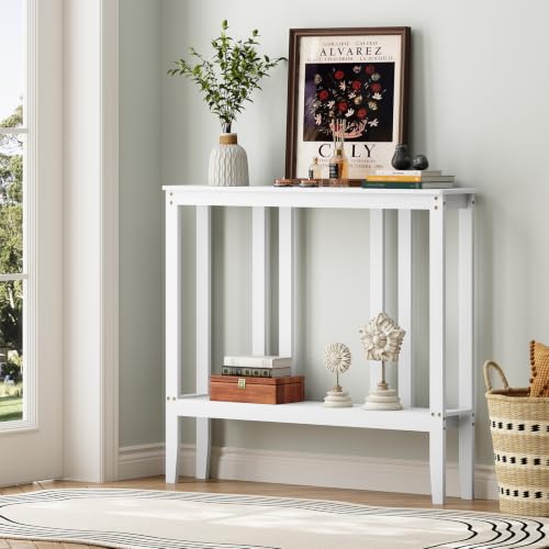 ELYKEN Bamboo 2-Tier Narrow Console Table, 36.2" Long Slim Hallway Table | Sofa Table Behind Couch with Storage Shelf for Entryway, Living Room, Foyer - color: White