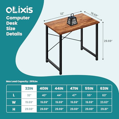 OLIXIS Home Office Computer Desk, Small Office 32-inch Writing and Study Desk, Bedroom Table with Metal Frame and Wooden Top, Compact Modern Study Table for Home Use, Rustic Brown - color: Rustic Brown, size: 32-In