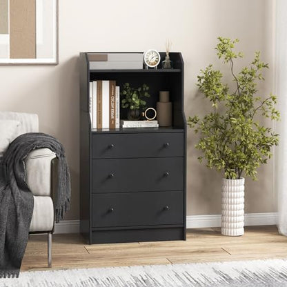 Moccha 3 Drawers Dresser with Shelf, Modern Dresser Tower with 2 Open Shelves, Chest of Drawers with Anti-toppling Device, Tall Storage Dresser Nightstand for Closet, Living Room, Black - color: Black