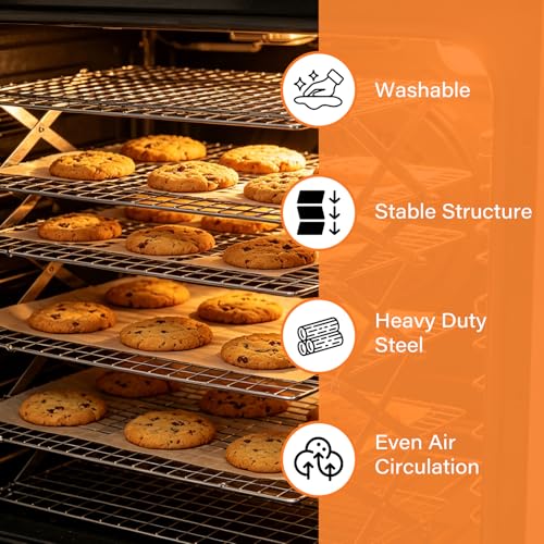 6 Tier Upgraded Collapsible Cooling Rack with Adjustable 3 Setting Design, Stackable Baking Rack with Clean Brush, Roasting Cooking Drying Wire Cooling Rack for Cookies Baking Roasting ＆ Grilling - color: Silver