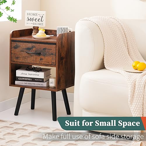 Yoobure Night Stand with Fabric Drawer, Modern Nightstand, Bedside Tables, Mid Century Nightstands with Open Storage Shelf, Wood Bedside Table, Small Night Stands for Bedrooms, 2-Tier Night Table - color: Berry Brown