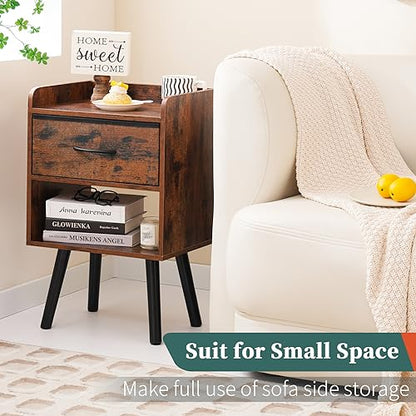 Yoobure Night Stand with Fabric Drawer, Modern Nightstand, Bedside Tables, Mid Century Nightstands with Open Storage Shelf, Wood Bedside Table, Small Night Stands for Bedrooms, 2-Tier Night Table - color: Berry Brown
