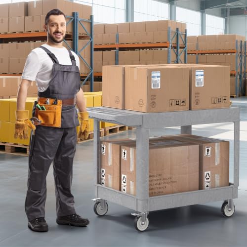 Large Garage Flat Top Utility Cart, Heavy Duty 2 Shelf Tool Cart Service Cart Rolling Push Carts with Ergonomic Handle 5" Swivel Casters. - color: Gray, size: 46 x 25 Inch