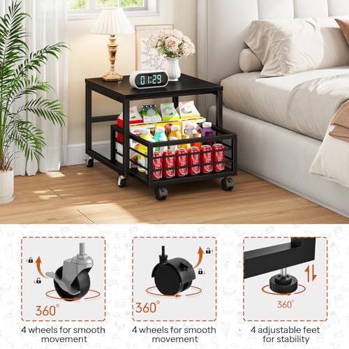 HOOBRO End Table, Mini Fridge Stand with Storage, Mini Fridge Table with Wheels and Adjustable Feet, Sturdy Metal Frame, for Living Room, Bedroom, Office, Black BB155TL01 - color: Black