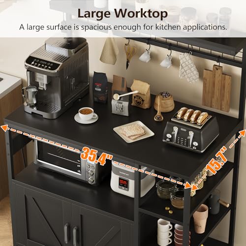 TVU Bakers Rack with Power Outlet and LED Light, Microwave Stand with Storage Cabinet, Coffee Bar Cabinet Station with 6 Hooks for Kitchen, Dining Room, Living Room, Coffee Bar, Black - color: Black