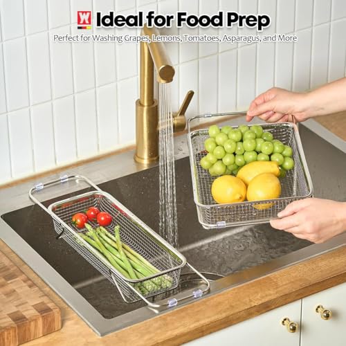 WAGENSTEIGER Extendable Dish Rack with Feet, Vegetable Colander Basket, Stainless Steel Dish or Silverware Drying Rack, Ultimate Kitchen Organizer Over the Sink (12.40 x 5.12 x 2.36 Inches) - size: 12.40 x 5.12 x 2.36 Inches