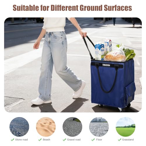 Reusable Grocery Bag Tote Bag with Wheels, Foldable Rolling Tote Bag with 3 Handles and Zipper - color: Blue, size: Medium