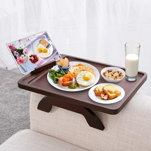 SINWANT Couch Arm Tray Table, Large Space 15.75"x 11.8" Bamboo Couch Armrest Table with 360° Rotating Phone Holder,Foldable Sofa Armrest Tray for Eating Snacks Drinks Remote Books - color: Large Walnut